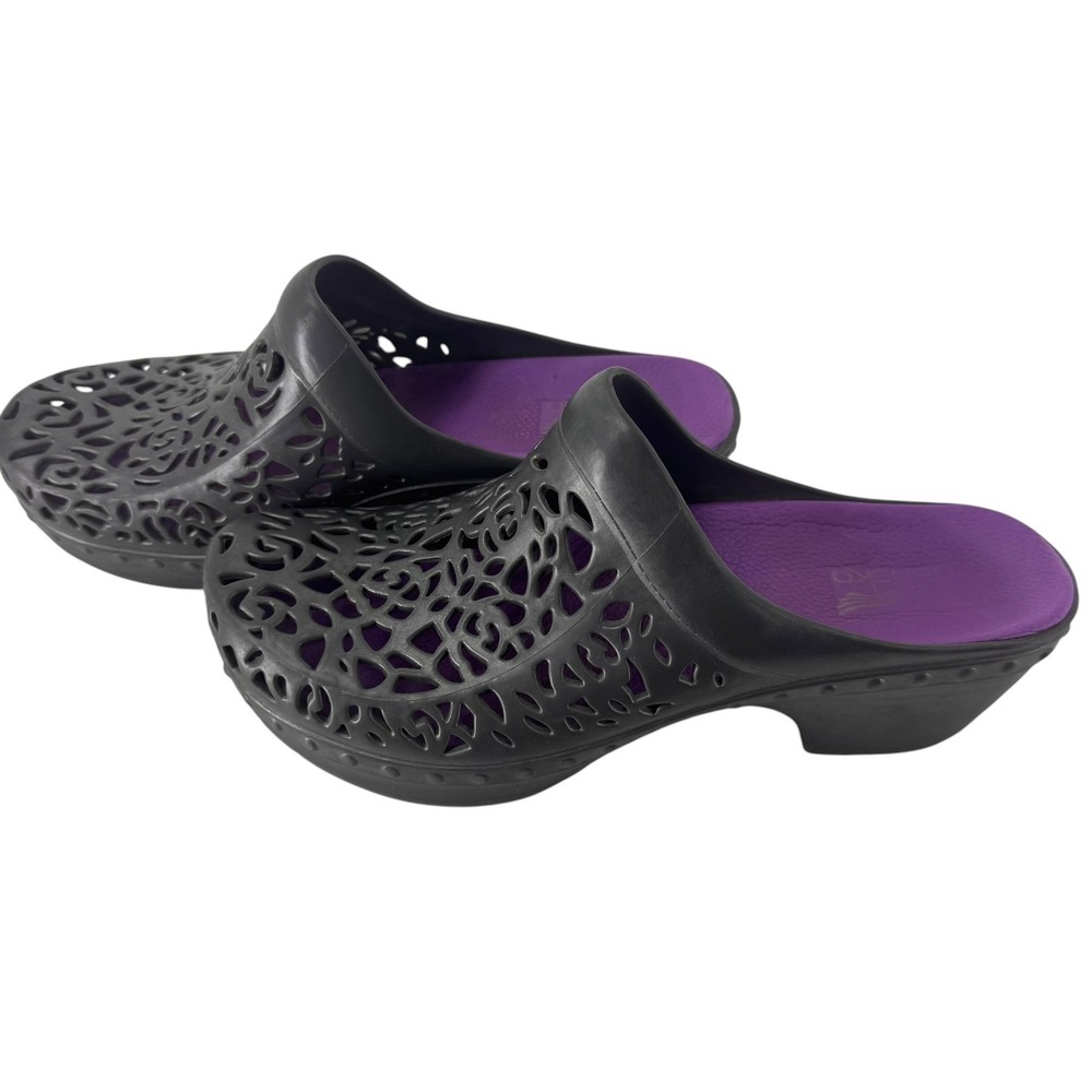 Dansko Laser Cut Clog Mules Gray Purple Floral Filigree Slip On Shoes Womens 39 - Picture 4 of 11